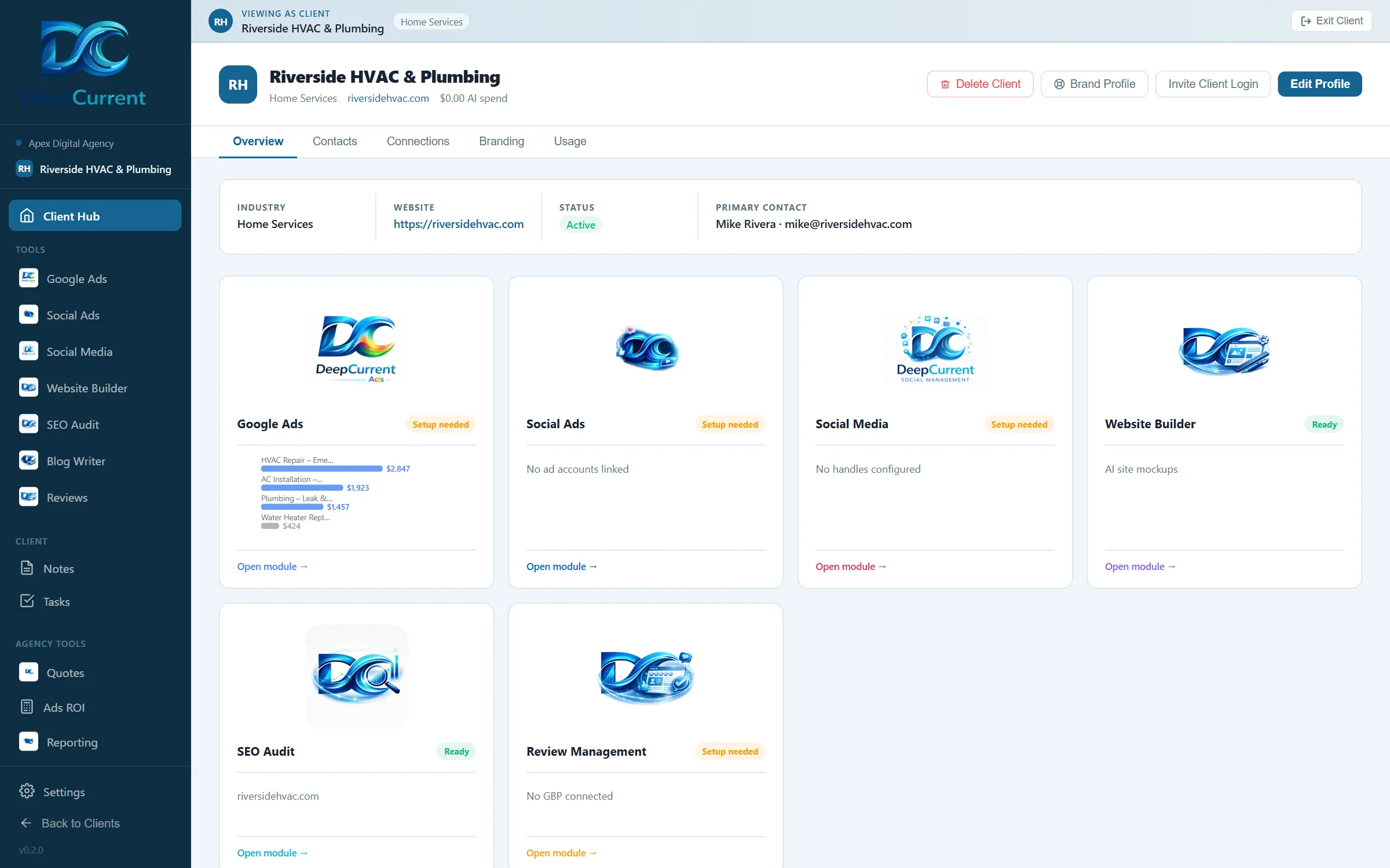 The Deep Current client hub showing account overview and reporting