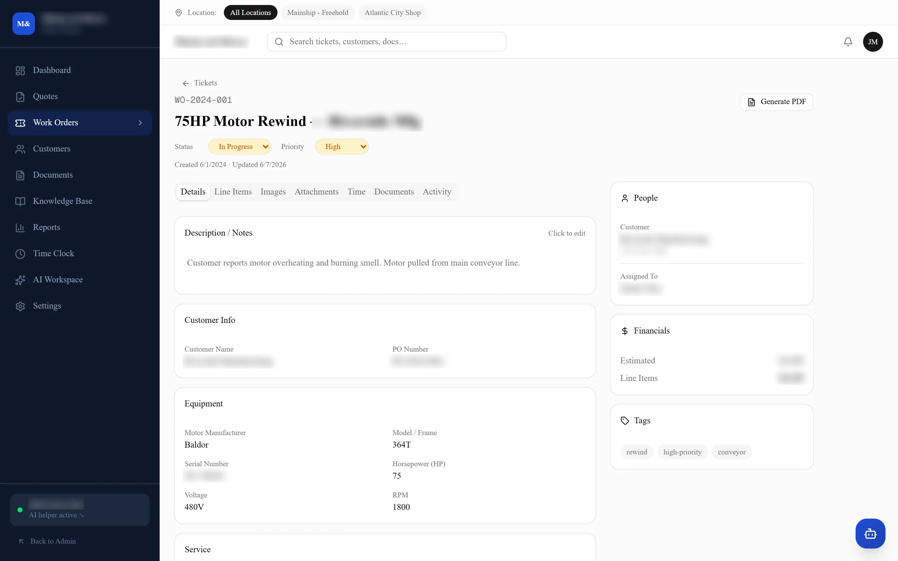 A Wave Works work order with its history, parts, financials and people