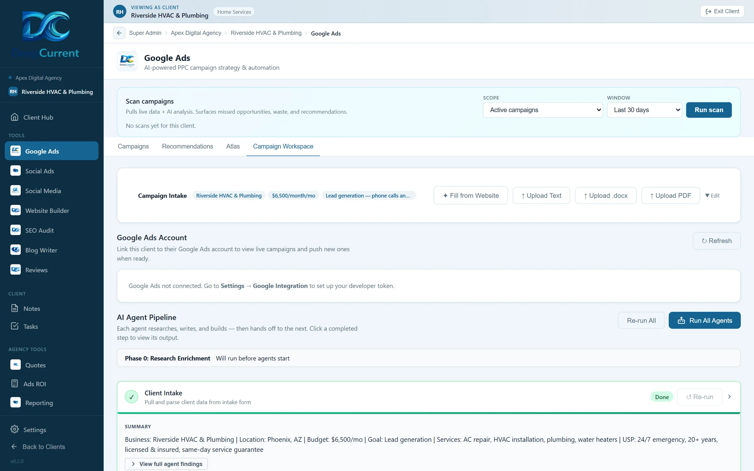 Building a Google Ads campaign inside DeepCurrent