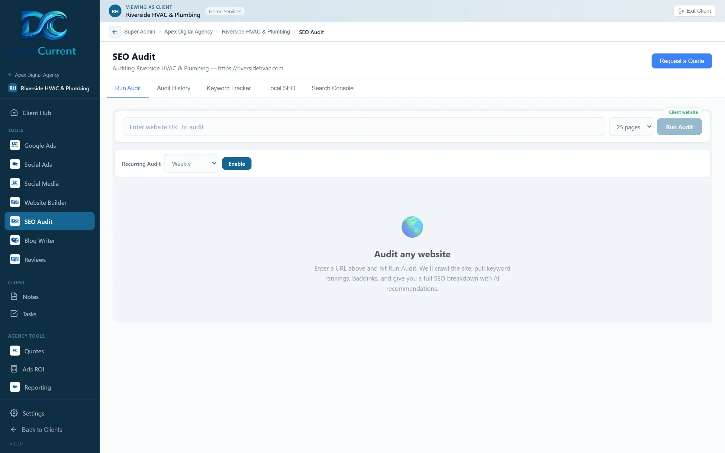 A site audit listing issues found on a page