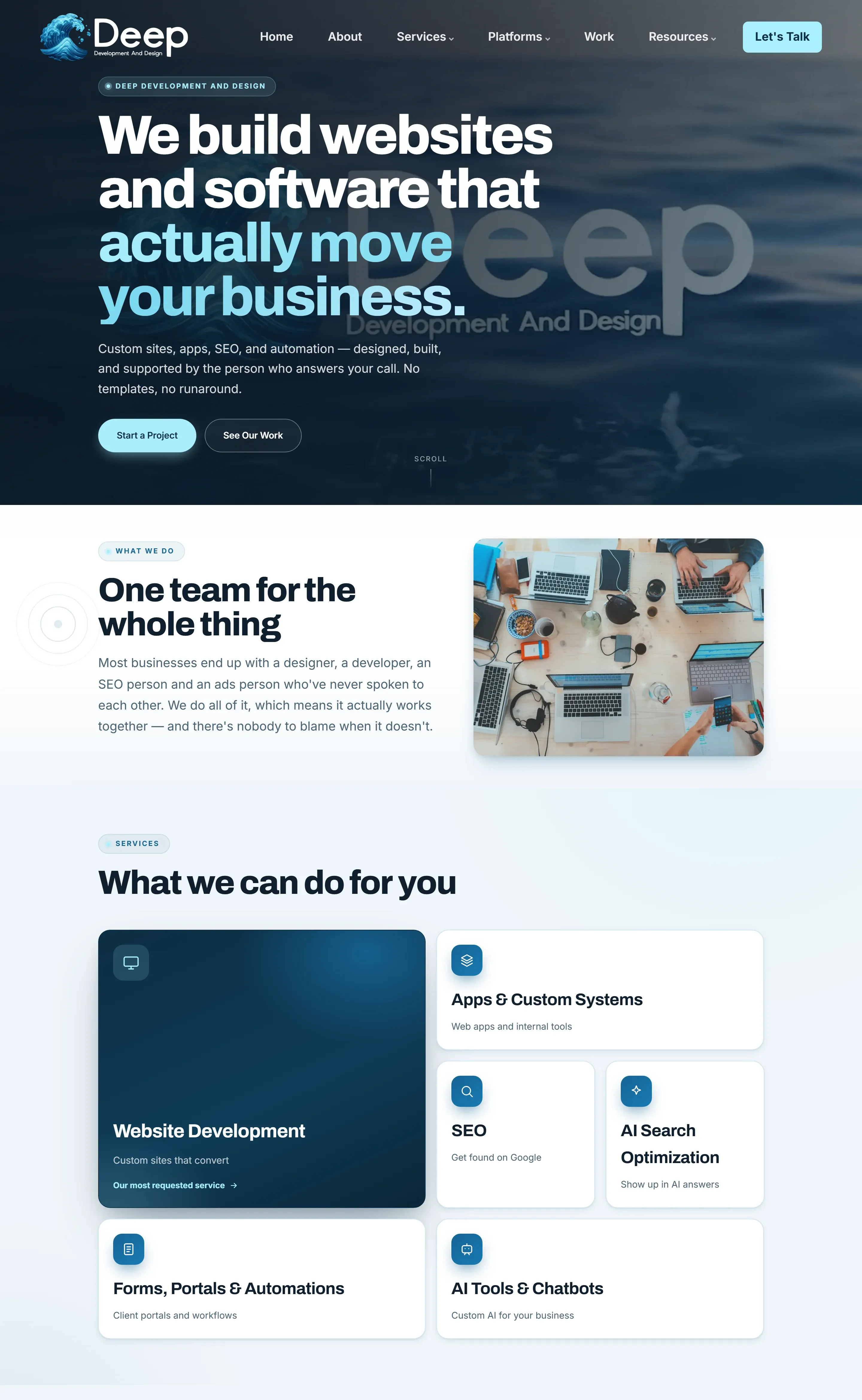 The Deep Development and Design home page on a desktop screen, a navy ocean hero carrying the headline "We build websites and software that actually move your business" above the services grid