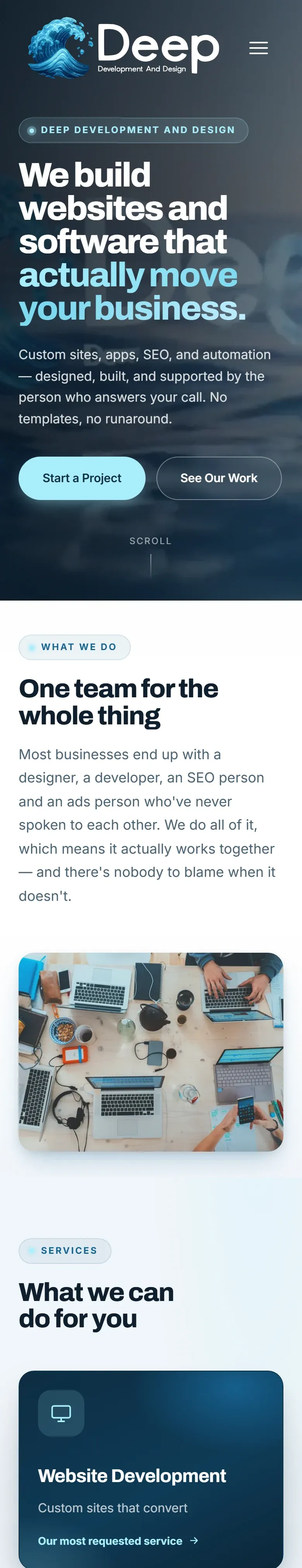 The Deep Development and Design home page on a phone, the wave logo and navy hero stacked above the "Everything under one roof" section and the Website Development service tile