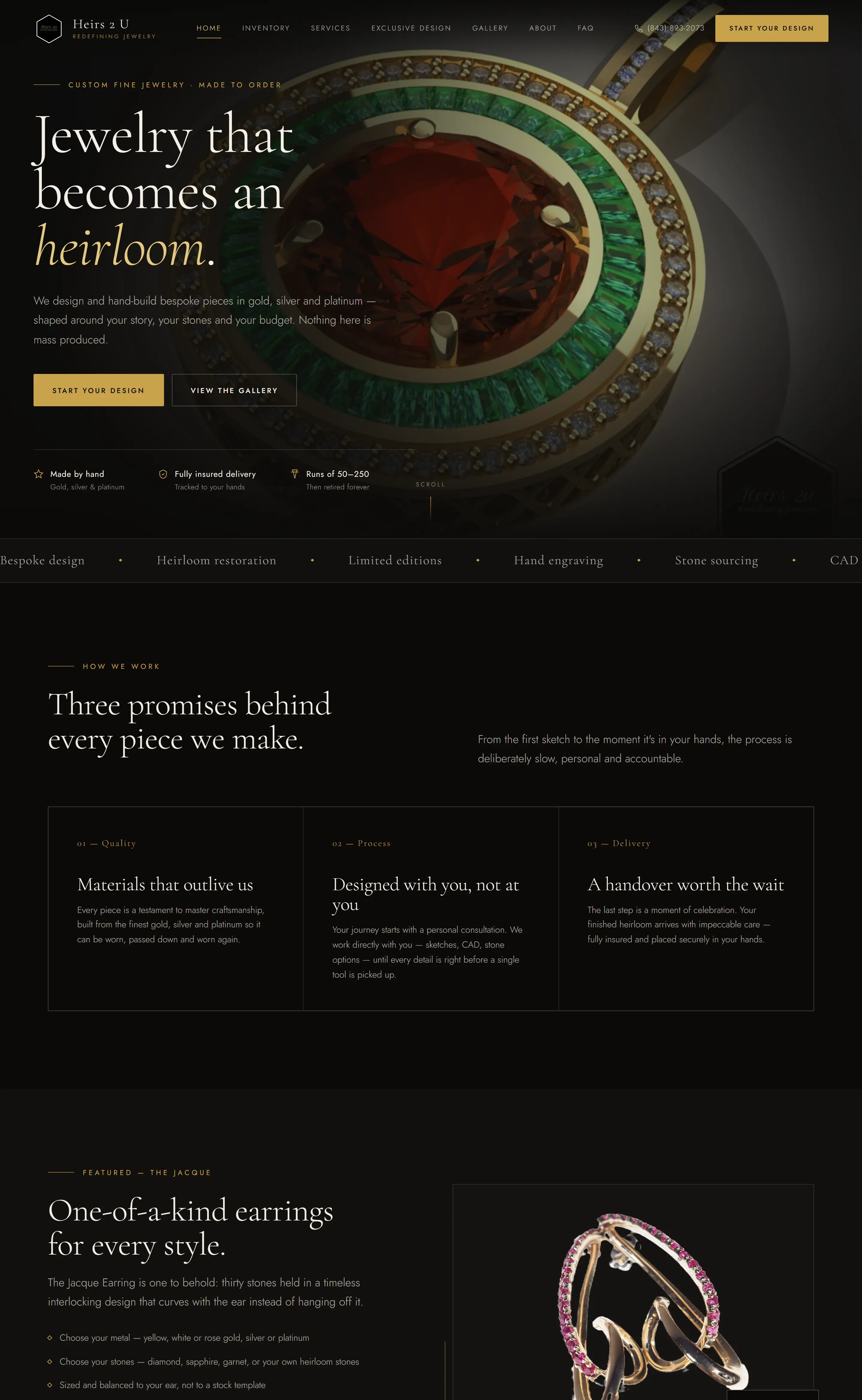 The Heirs 2 U home page on a desktop screen, showing a dark gold-and-black hero over a close-up emerald and ruby ring, with the headline "Jewelry that becomes an heirloom"