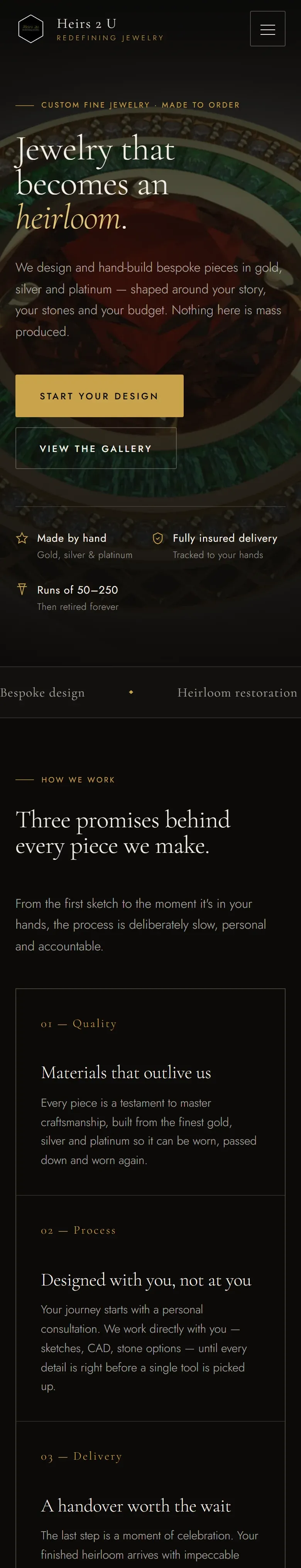 The Heirs 2 U home page on a phone, with the heirloom headline, stacked gold and outlined buttons, and the made-by-hand and insured-delivery facts reflowed into a two-column strip