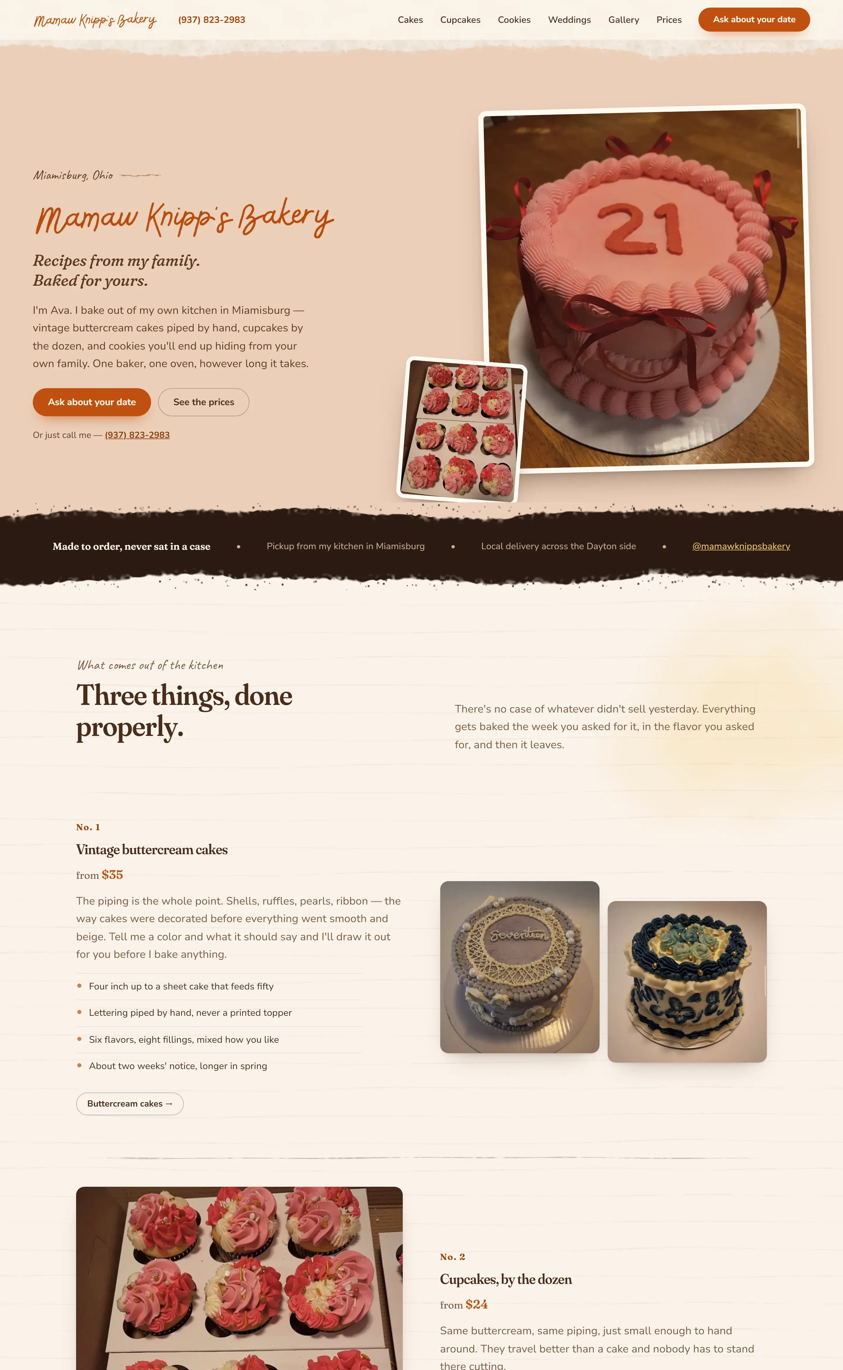 The Mamaw Knipp's Bakery home page on a desktop screen, with hand-lettered orange branding beside a tilted photograph of a pink buttercream cake iced with the number 21
