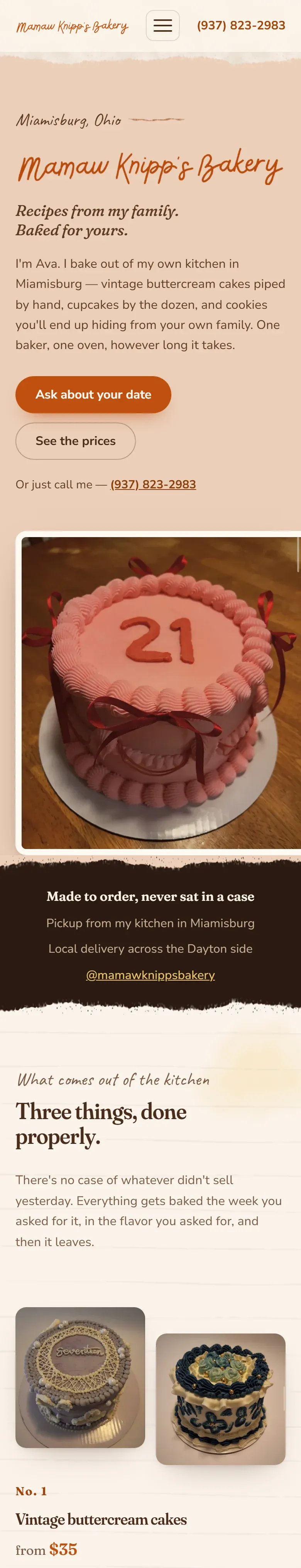 The Mamaw Knipp's Bakery home page on a phone, with the hand-lettered name, full-width ordering buttons, the cake photograph, and a dark torn-edge band listing pickup and delivery