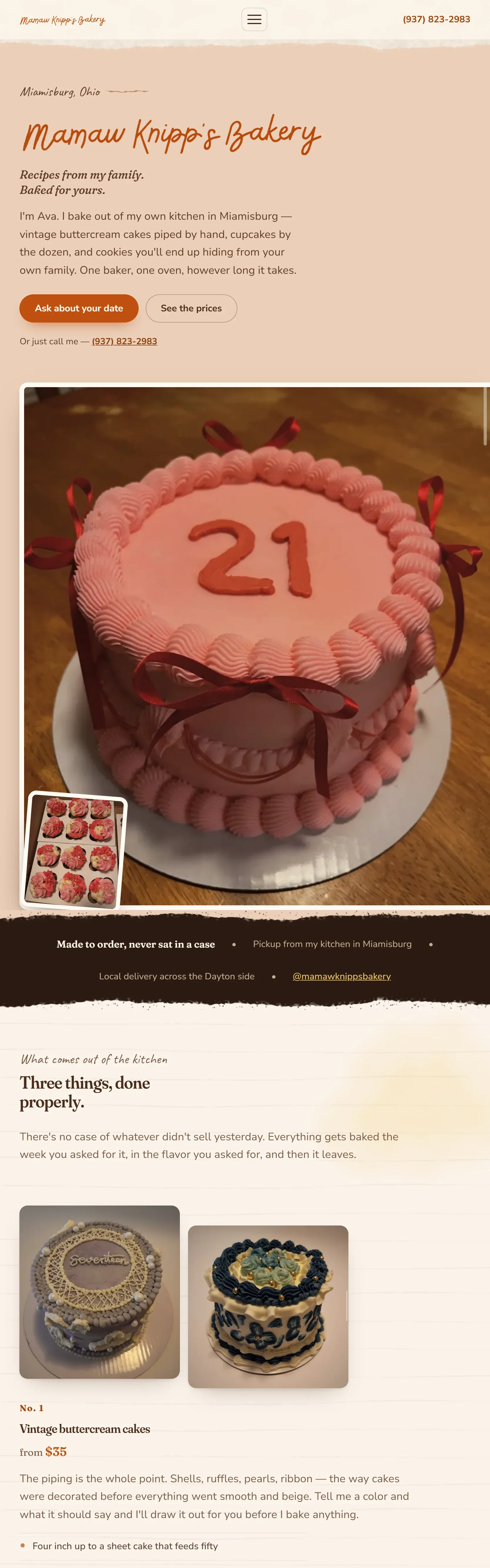 The Mamaw Knipp's Bakery home page on a tablet, the hand-lettered bakery name and ordering buttons stacked above a large photograph of a piped pink celebration cake