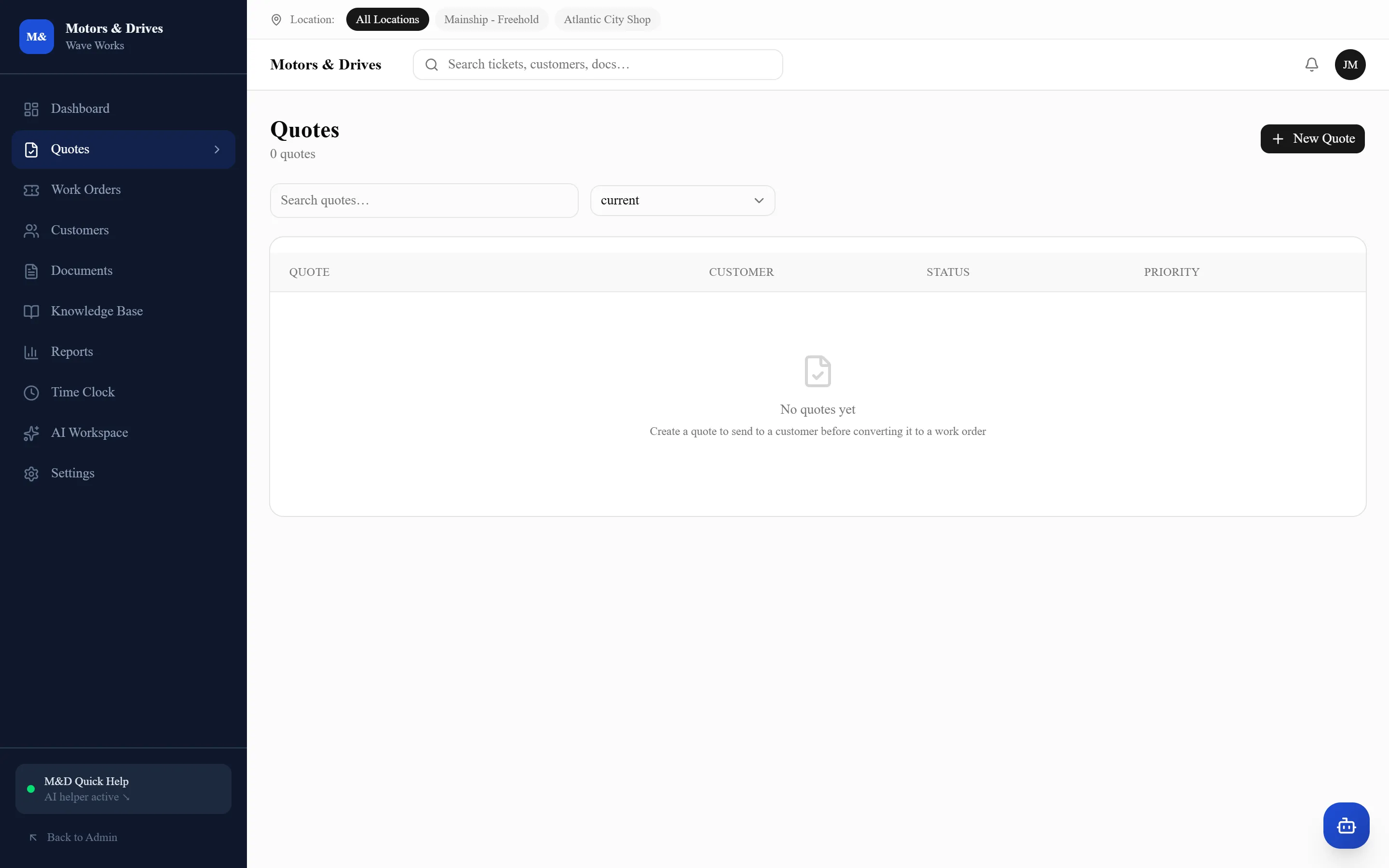 Quotes overview in a business operations platform