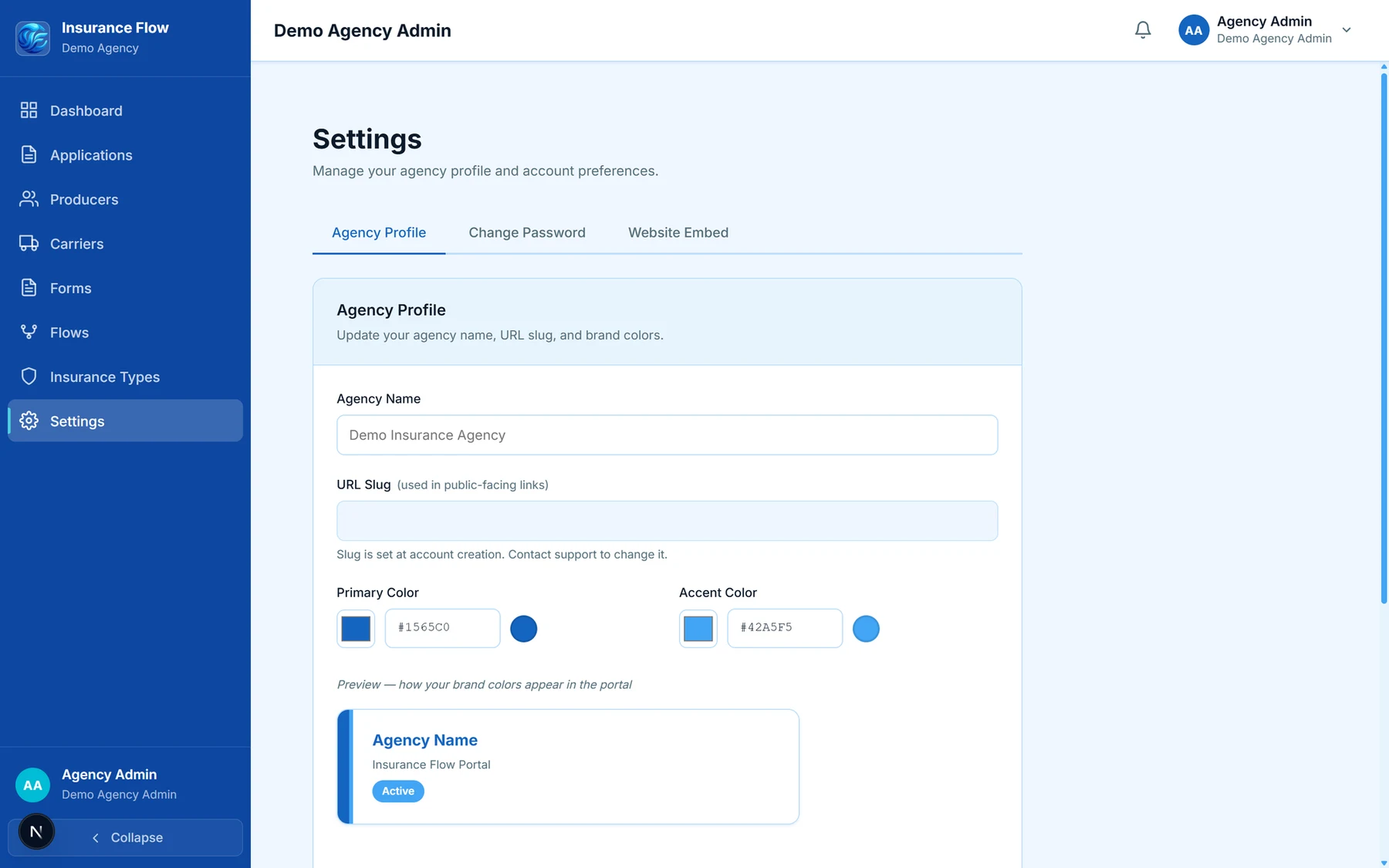 The agency settings screen: agency name, URL slug, and primary and accent colour pickers with a live preview of the client portal