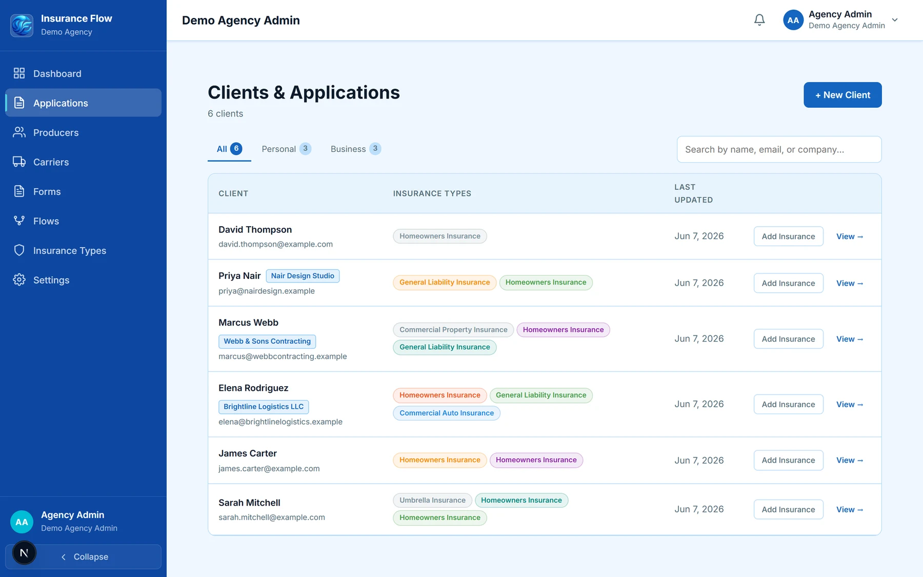 The clients and applications screen: each client on one row, with a coloured chip for every insurance type they hold