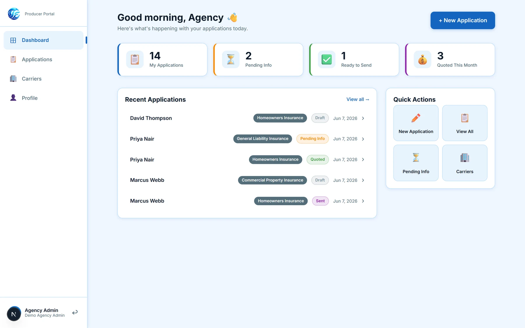 A producer's own dashboard, showing only their applications