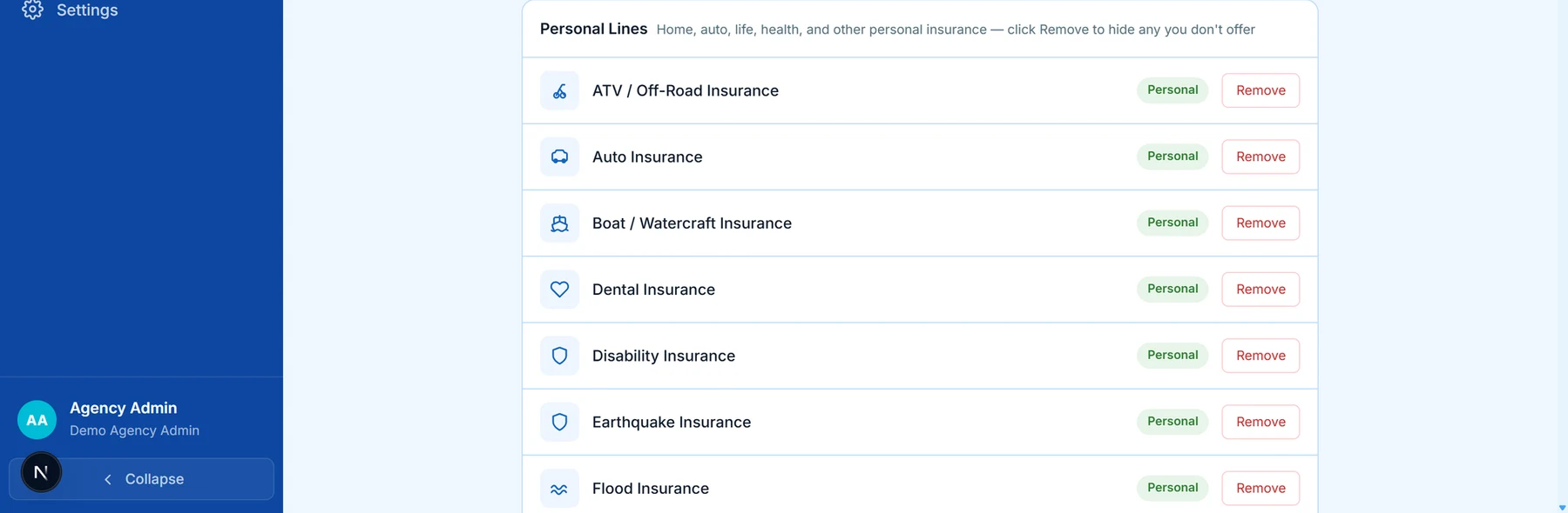 The insurance types screen, listing personal lines from ATV and auto through dental, disability, earthquake and flood, each switchable per agency
