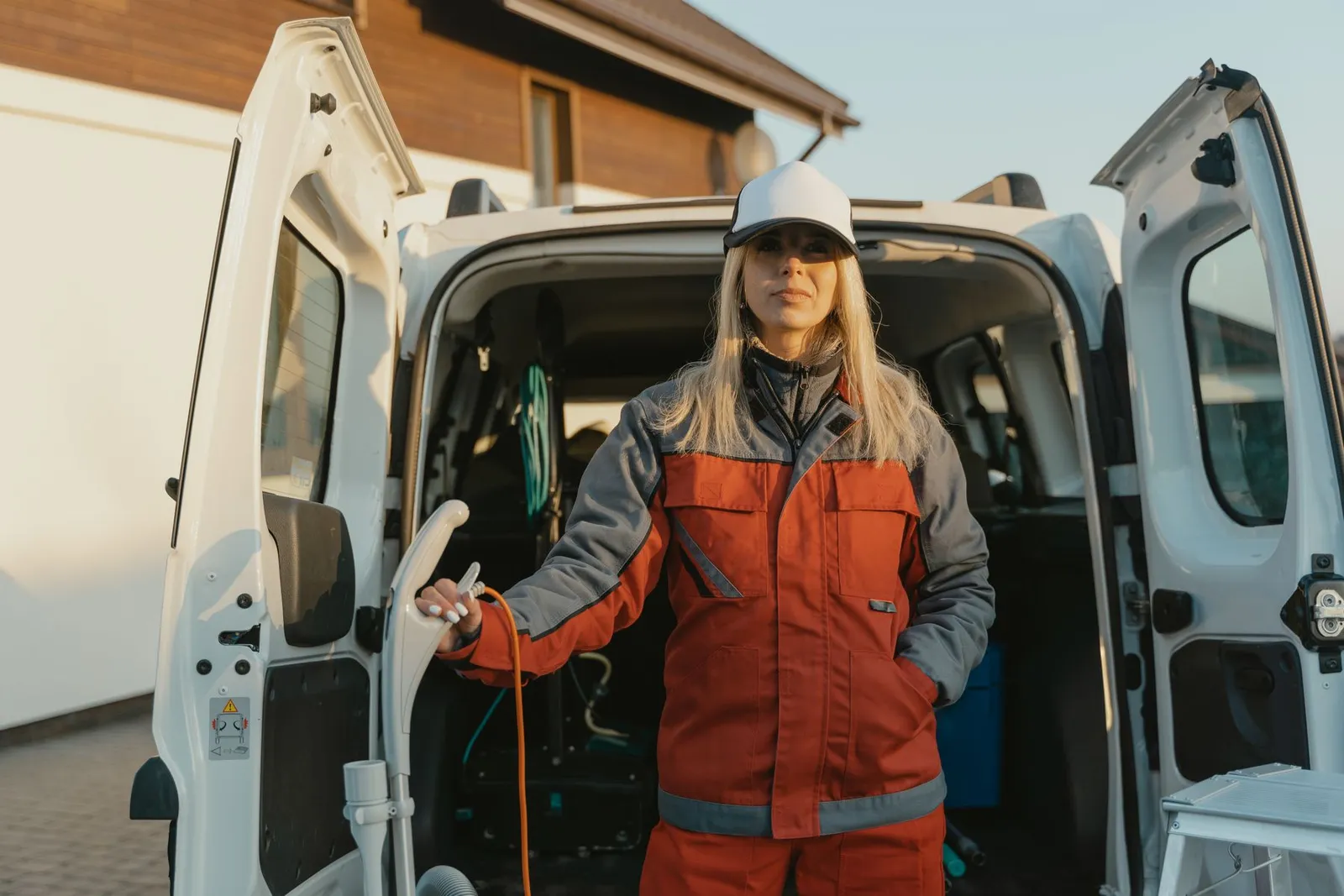 A woman beside a signwritten service van
